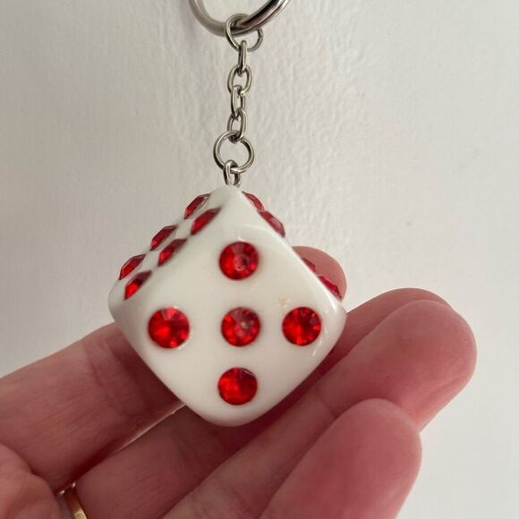Vintage Lucky White Dice Keychain With Red Rhinestones - Picture 3 of 7